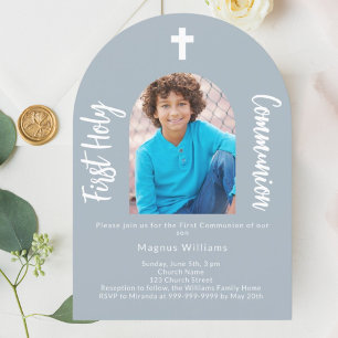 Invitation Dusty bleu photo arc garçon Première communion sai