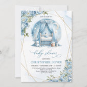 Invitation Dusty bleu pivoines bébé bébé cadre or garçon (Devant)