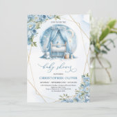 Invitation Dusty bleu pivoines bébé bébé cadre or garçon (Debout devant)