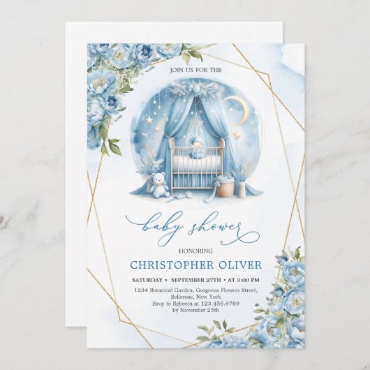 Invitation Dusty bleu pivoines bébé bébé cadre or garçon (Devant / Derrière)