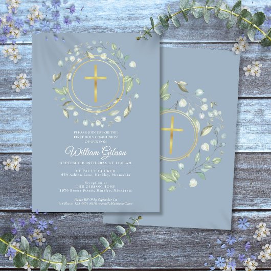 Invitation Dusty Bleu Première Sainte Communion Vert Or