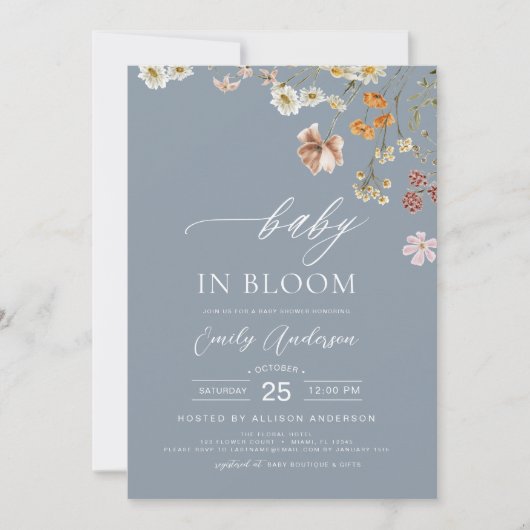 Invitation Dusty Bleu QR Code Fleur sauvage Baby in Bloom (Devant)