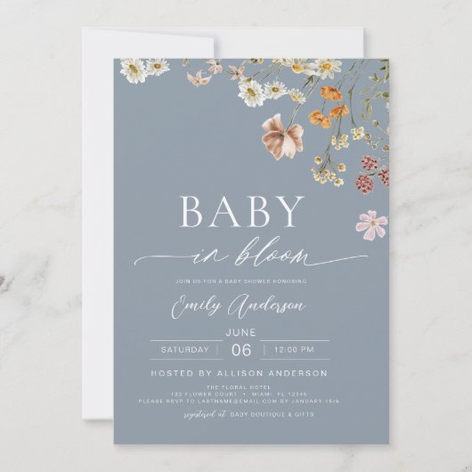 Invitation Dusty Bleu QR Code Fleur sauvage Baby in Bloom (Devant)