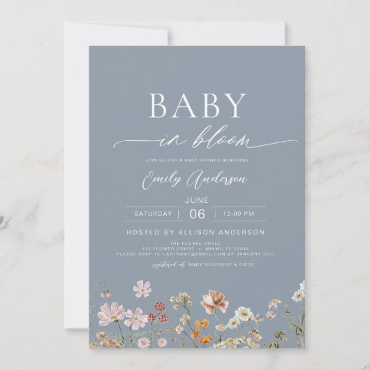 Invitation Dusty Bleu QR Code Fleur sauvage Baby in Bloom (Devant)