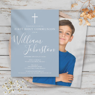 Invitation Dusty Bleu Script Moderne Sainte Communion Photo