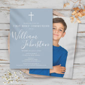 Invitation Dusty Bleu Script Moderne Sainte Communion Photo