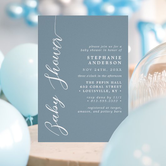 Invitation Dusty Bleu Simple Baby shower de script moderne