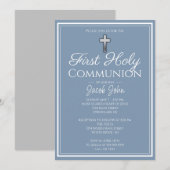 Invitation Dusty Bleu Simple Élégant Garçons Communion (Devant / Derrière)
