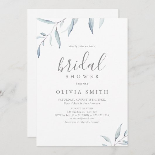 Invitation Dusty bleu verdure minimale rustique douche nuptia (Devant / Derrière)