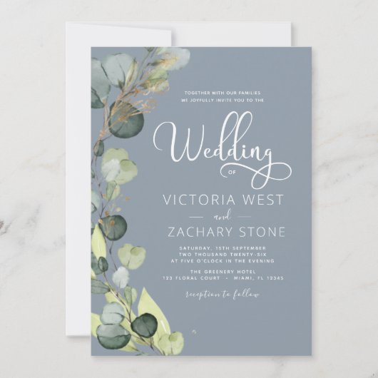 Invitation Dusty Blue All in One Eucalyptus QR Code Mariage (Devant)