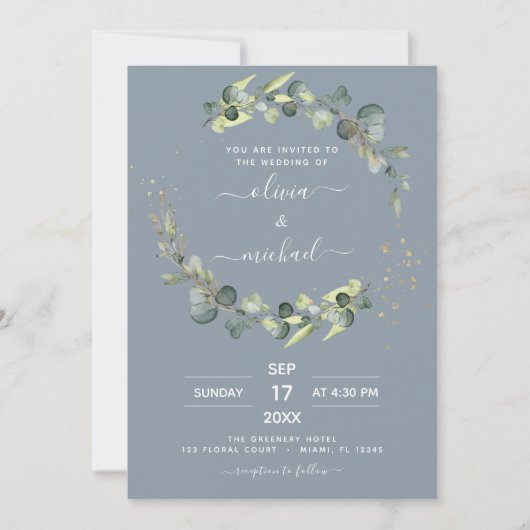 Invitation Dusty Blue All in One Eucalyptus QR Code Mariage (Devant)