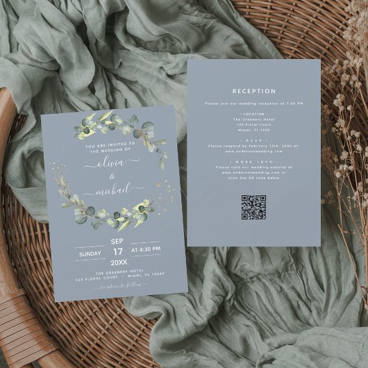Invitation Dusty Blue All in One Eucalyptus QR Code Mariage