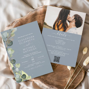 Invitation Dusty Blue All in One Eucalyptus QR Code Mariage