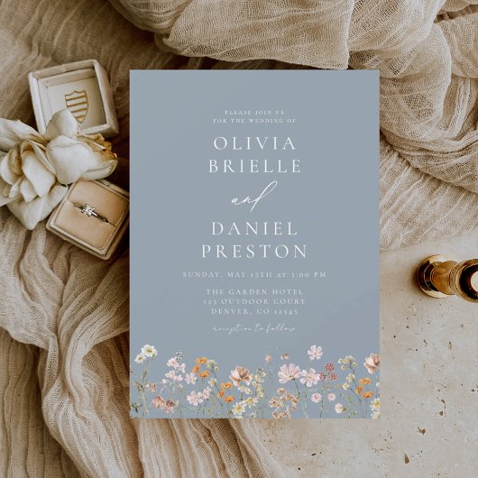 Invitation Dusty Blue All in One Fleur sauvage QR Code Mariag