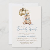 Invitation Dusty Blue and Gold Bearly Wait Bear Baby Shower (Devant)