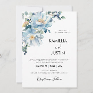 Invitation Dusty Blue and Gold Elegant Floral Rustic Wedding 