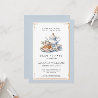 Invitation Dusty Blue and Gold Tea Party Bridal Shower