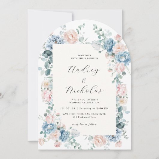 Invitation Dusty Blue and Peach Elegant Floral Wedding Arch (Devant)