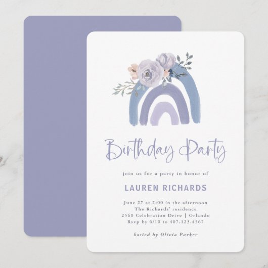 Invitation Dusty Blue and Purple Boho Rainbow Birthday Party (Devant / Derrière)
