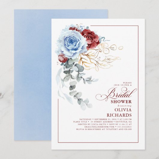 Invitation Dusty Blue and Red Floral Botanic Bridal Shower (Devant / Derrière)