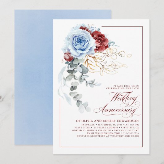 Invitation Dusty Blue and Red Floral Wedding Anniversary (Devant / Derrière)