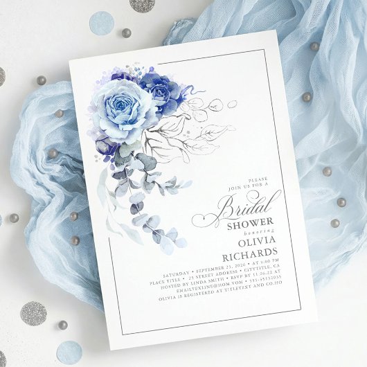Invitation Dusty Blue and Silver Floral Botanic Bridal Shower