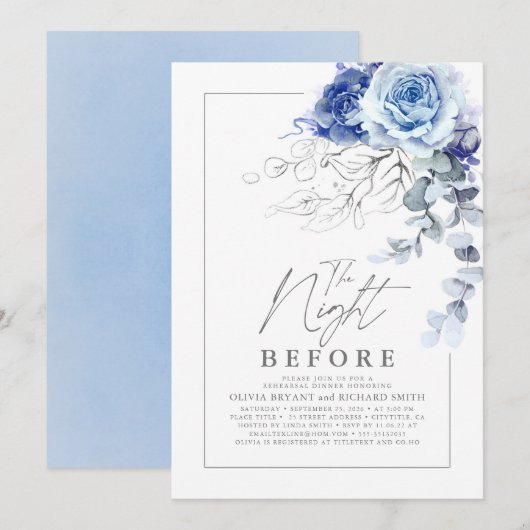 Invitation Dusty Blue and Silver Floral Rehearsal Dinner (Devant / Derrière)