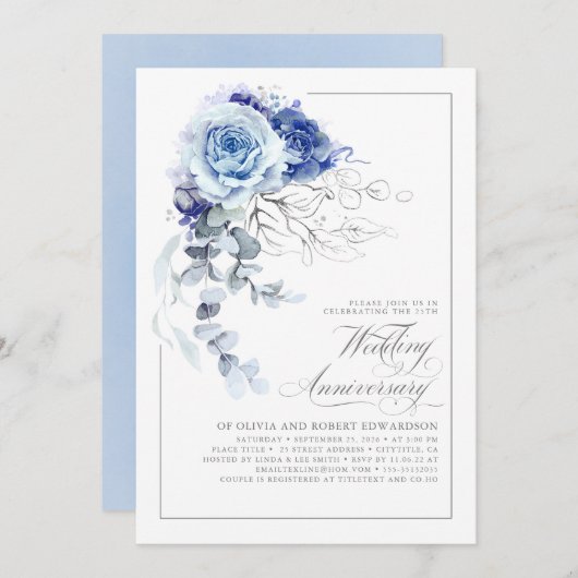 Invitation Dusty Blue and Silver Floral Wedding Anniversary (Devant / Derrière)
