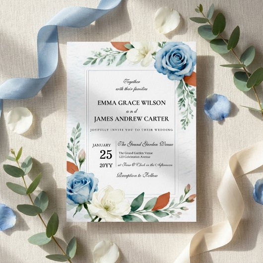 Invitation Dusty Blue and Terracotta Floral Wedding