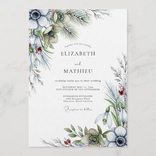 Invitation Dusty Blue Anemone Winter Wedding (Devant)