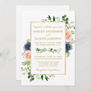 Invitation Dusty Blue Aquarelle Rose Photo Mariage or