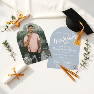 Invitation Dusty Blue Arch Photo Graduation Party QR Code