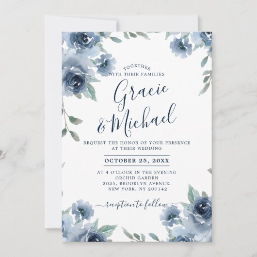Invitation Dusty Blue Ardoise Floral Botanique Chic Mariage (Devant)