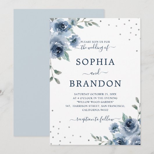 Invitation Dusty Blue Ardoise Floral Botanique Chic Mariage (Devant / Derrière)