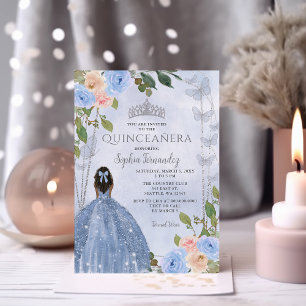 Invitation Dusty Blue Argent Floral Princess Quinceañera 