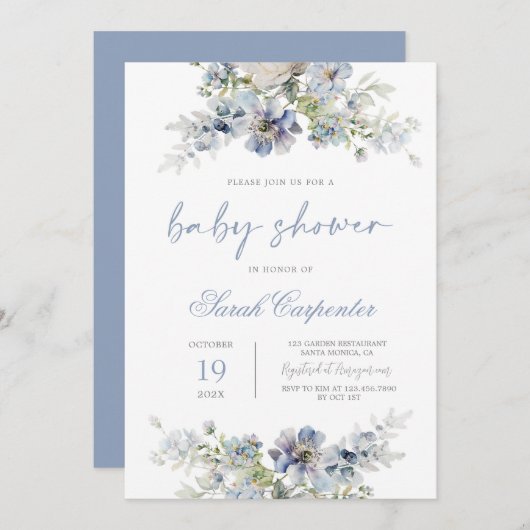Invitation Dusty Blue Baby shower Boy (Devant / Derrière)