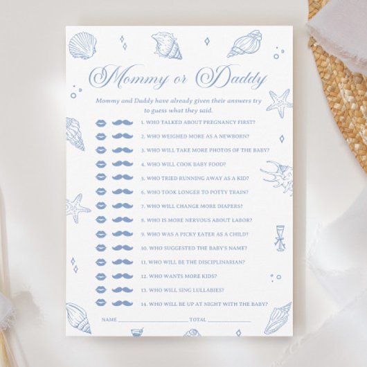 Invitation Dusty Blue Beach Baby shower Devinez Qui Game Card