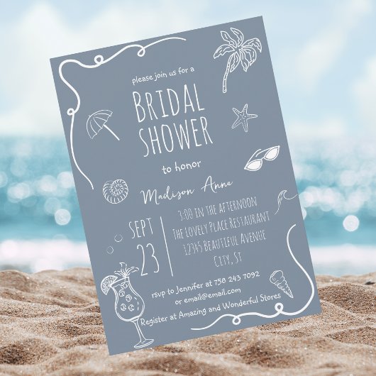 Invitation Dusty Blue Beach Doodles Bridal Shower