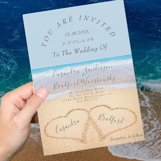 Invitation Dusty Blue Beach Wedding 2 Coeurs Mariage de sable