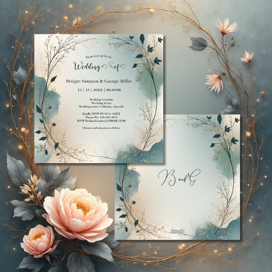 Invitation Dusty Blue Beige Boho Chic foliage wreath Wedding
