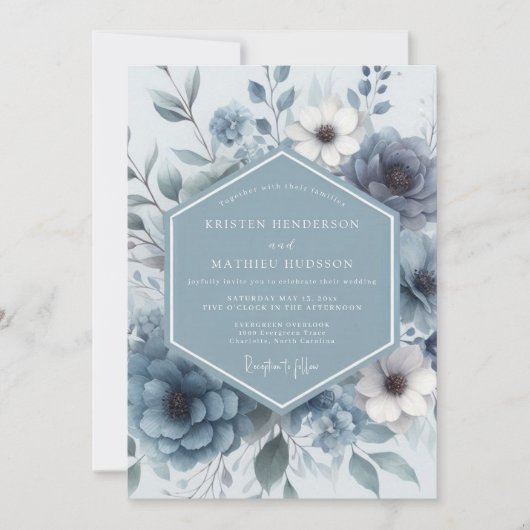 Invitation Dusty Blue Bloom Romance Wedding (Devant)