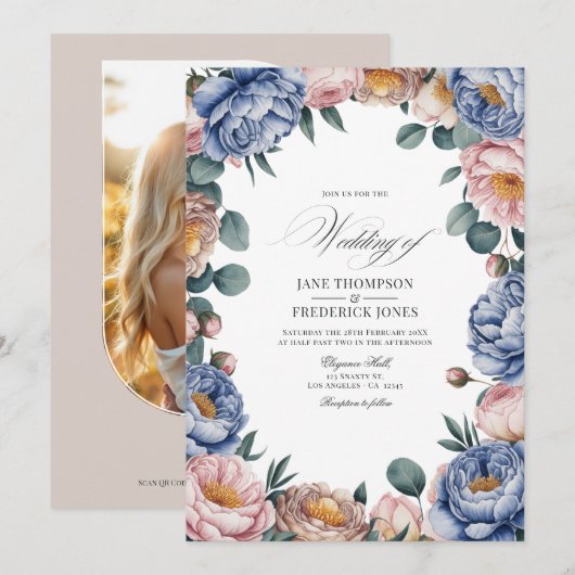Invitation Dusty Blue, Blush, and Warm Taupe Floral Wedding (Devant / Derrière)