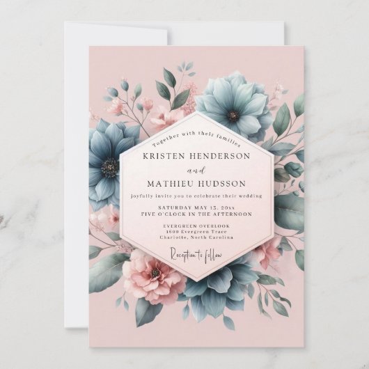 Invitation Dusty Blue Blush Blossom Wedding (Devant)