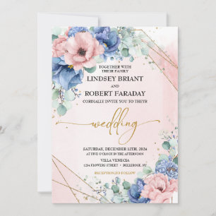 Invitation Dusty Blue Blush et Mariage or