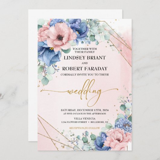 Invitation Dusty Blue Blush et Mariage or (Devant / Derrière)