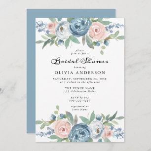 Invitation Dusty Blue & Blush Rose Fête des mariées florale