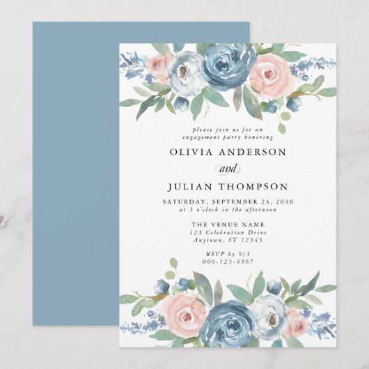 Invitation Dusty Blue & Blush Rose Floral Engagement Party (Devant / Derrière)