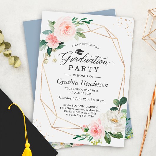 Invitation Dusty Blue Blush Rose Floral Party de graduation