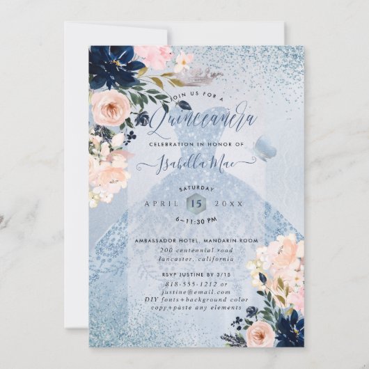 Invitation Dusty Blue+Blush Rose Parties scintillant Gown Qui (Dos)