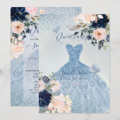Invitation Dusty Blue+Blush Rose Parties scintillant Gown Qui (Devant / Derrière)